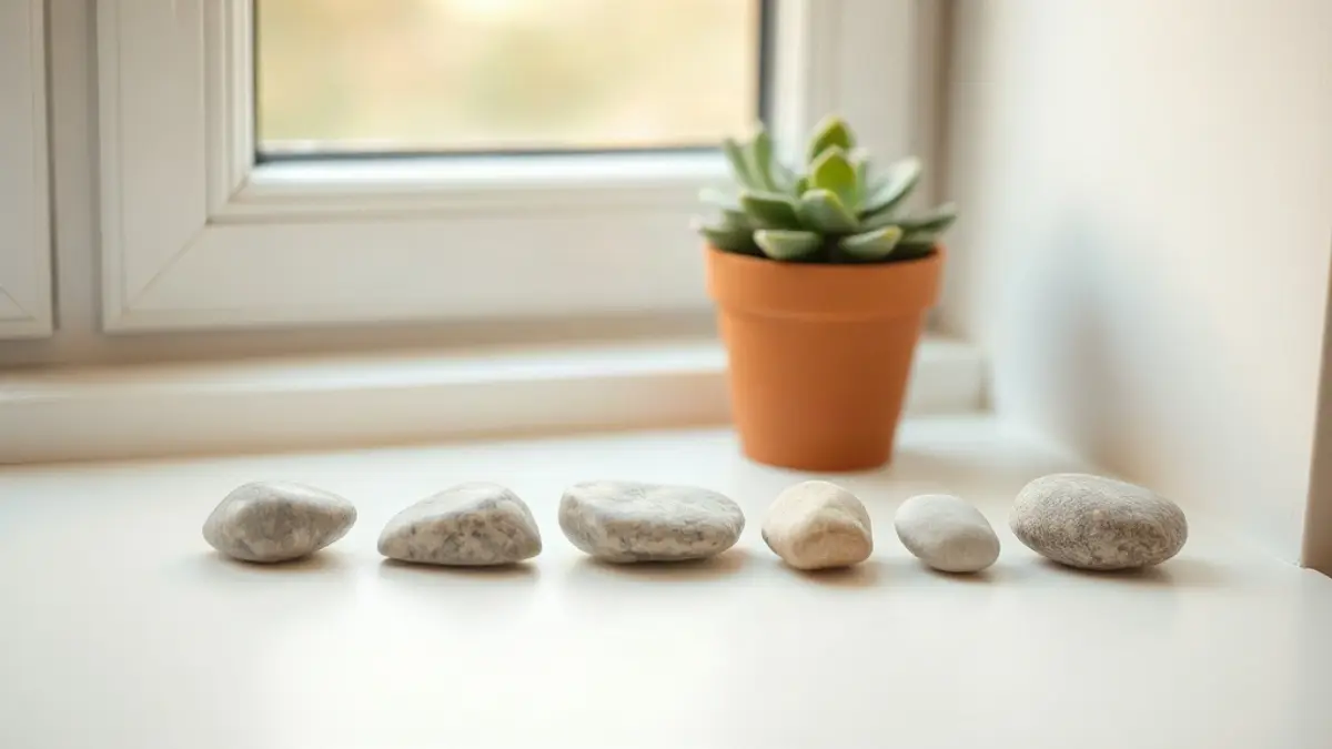 row of seven smooth pebbles arranged on a pale windowsill — illustration for 21-Day Reparenting Practice