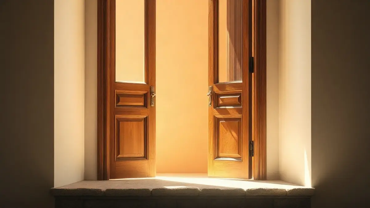 half-open wooden door with warm light behind it and a stone threshold — illustration for How to Set Boundaries With Family Without a Confrontation