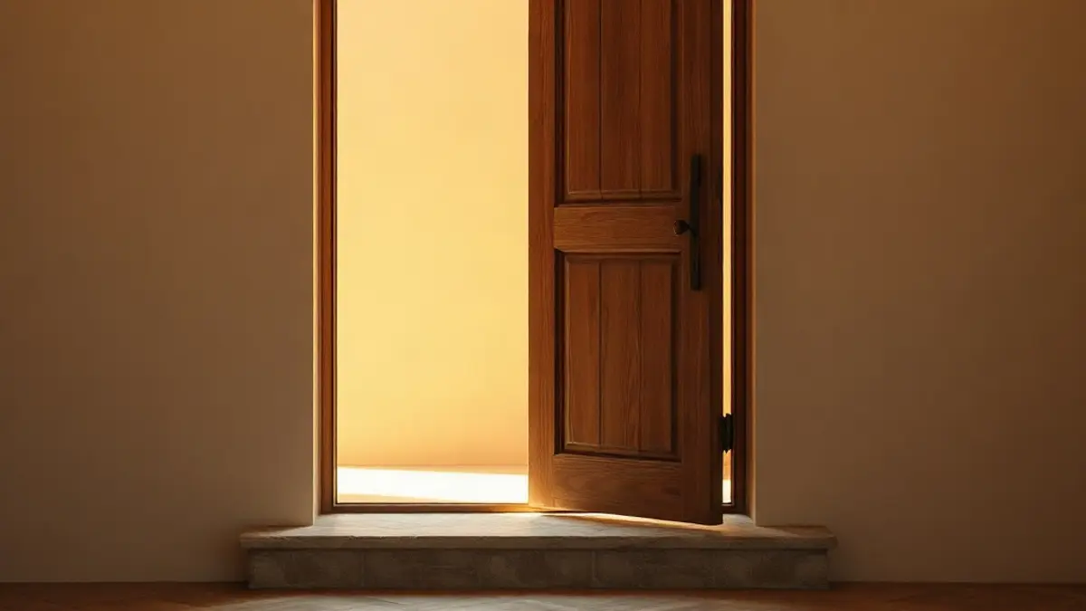 half-open wooden door with warm light behind it and a stone threshold — illustration for Emotional Boundaries