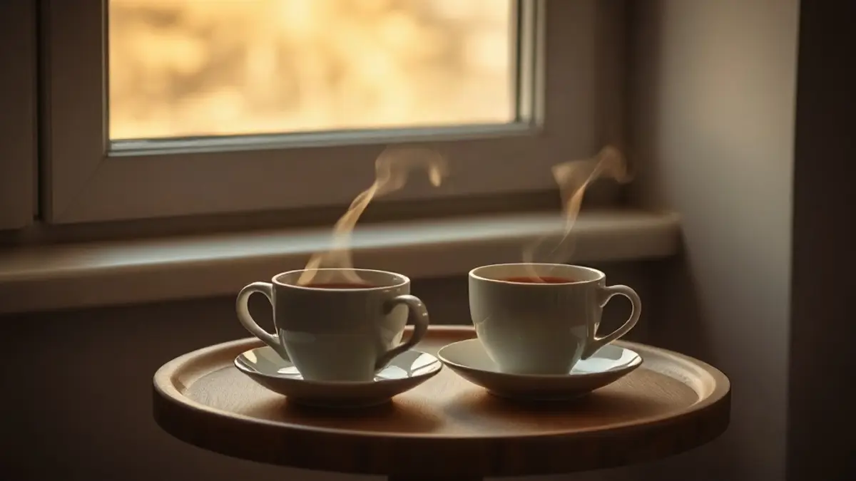 two cups of tea on a small table by a window — illustration for How Childhood Affects Adult Relationships