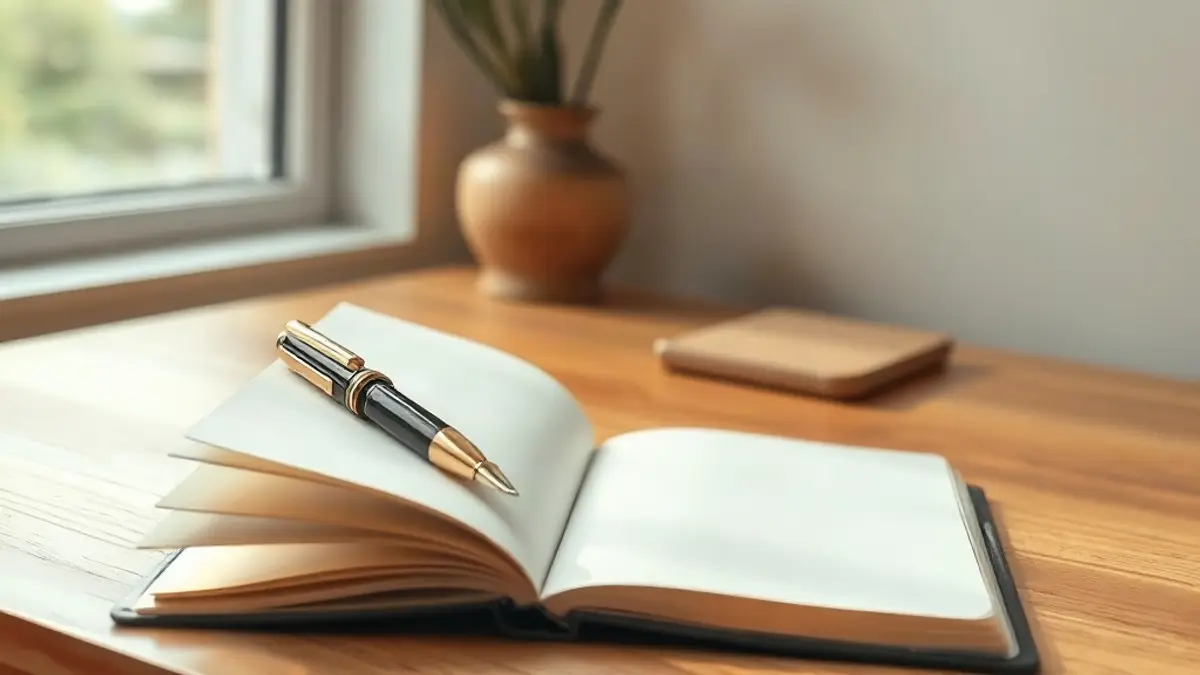open blank notebook and a fountain pen on a wooden desk — illustration for Inner Child Journal