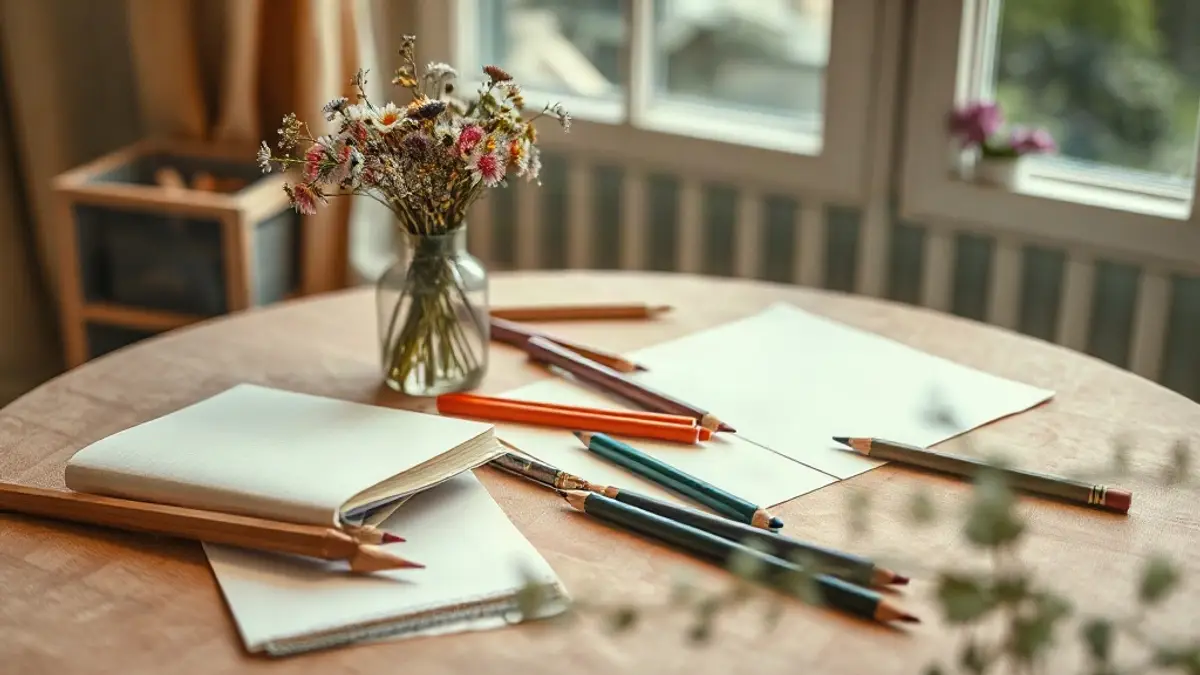 garden table with scattered coloured pencils — illustration for How to Reconnect With Childhood Hobbies as a Busy Adult