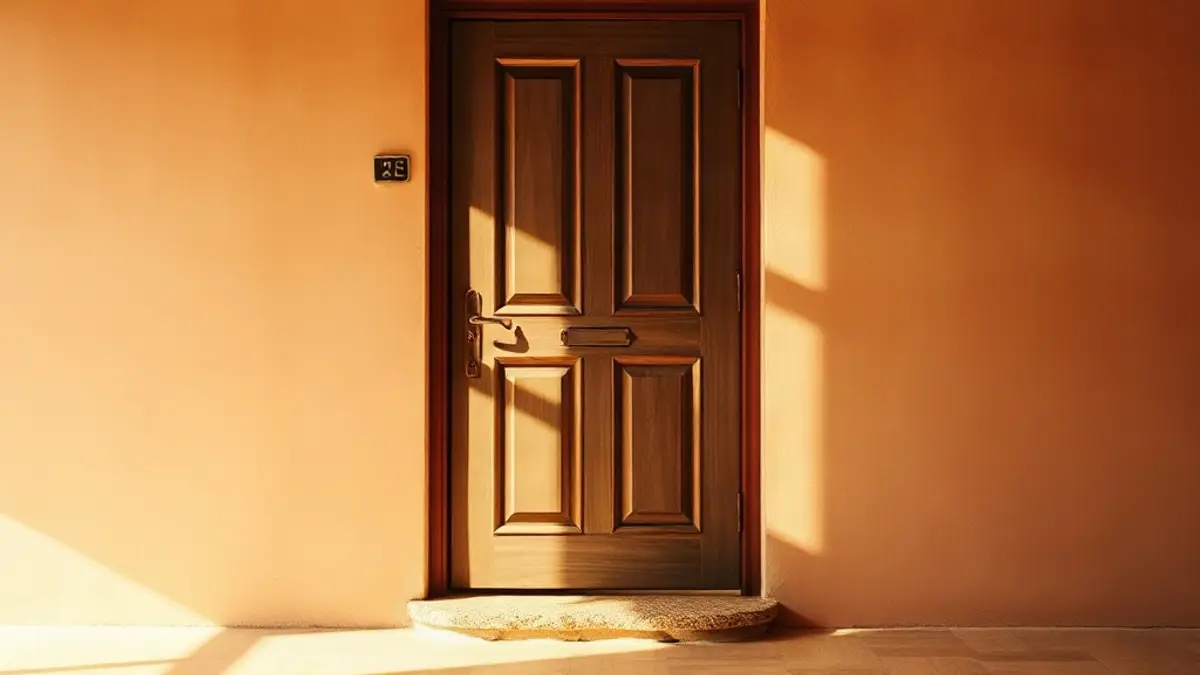 half-open wooden door with warm light behind it and a stone threshold — illustration for How to Say No Without Feeling Bad