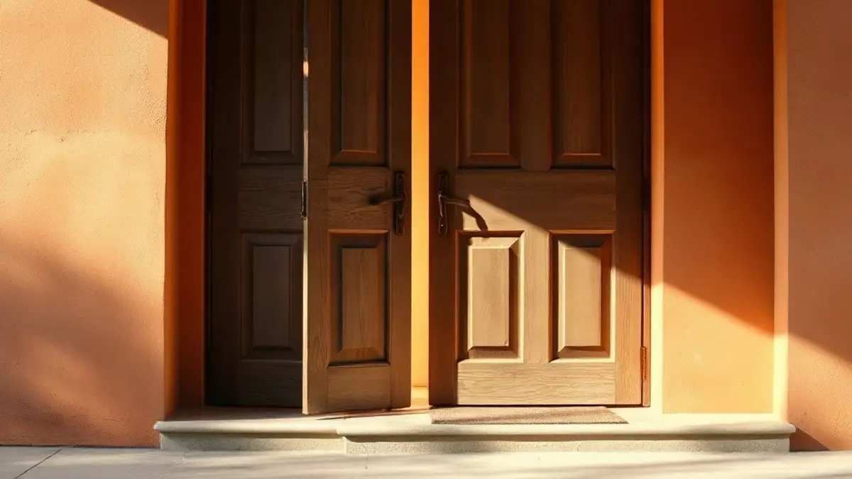 half-open wooden door with warm light behind it and a stone threshold — illustration for How to Take Up Space Without Becoming a Different Person