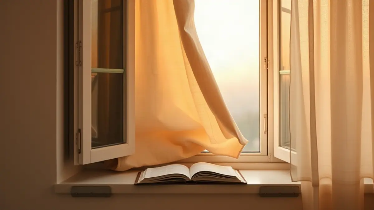 open window at dawn with a linen curtain lifting — illustration for Inner Child Needs