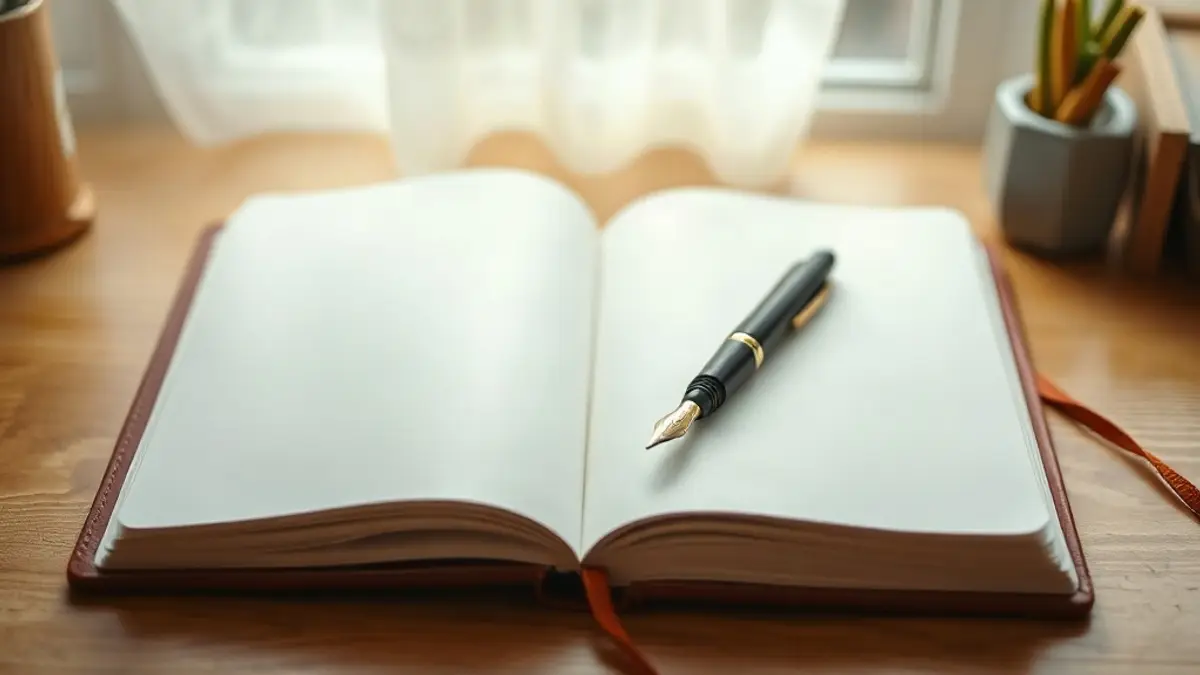 open blank notebook and a fountain pen on a wooden desk — illustration for Inner Child Questions