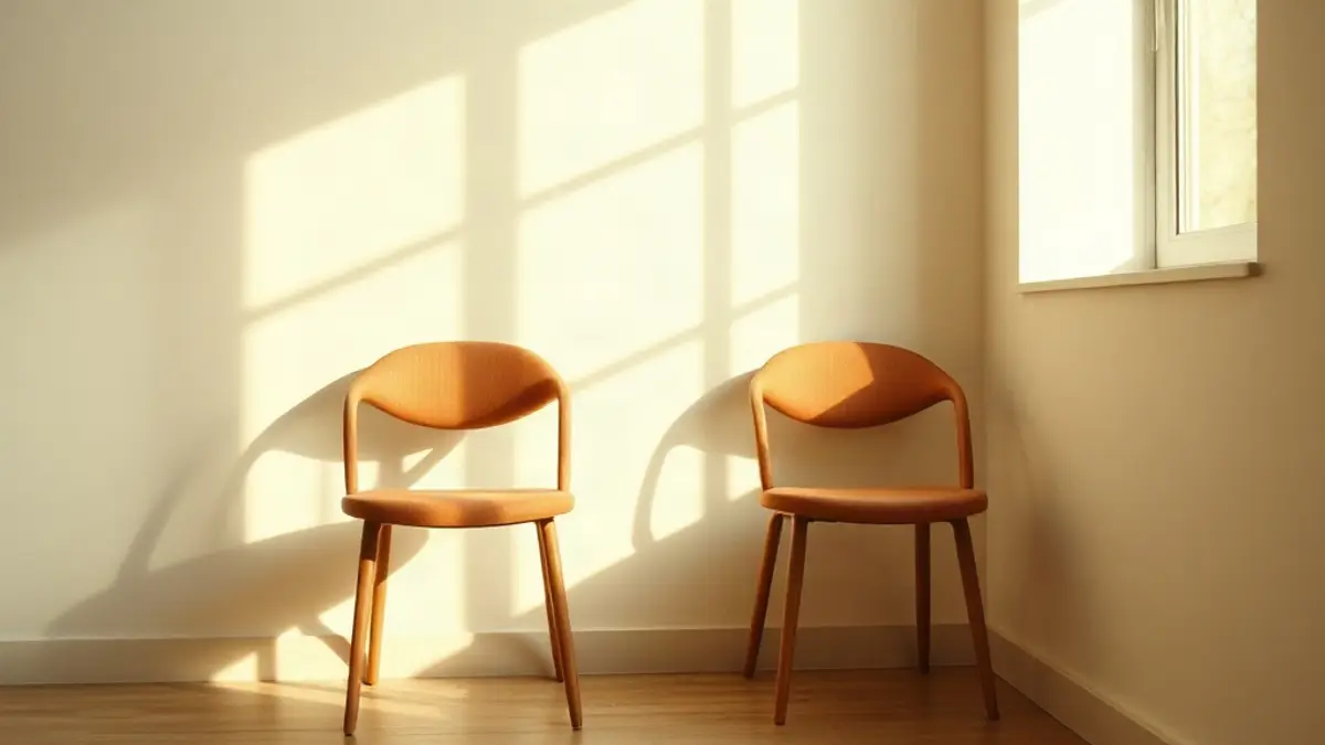 two empty chairs angled towards each other beside a sunlit wall — illustration for Inner Child Work vs Self-Compassion
