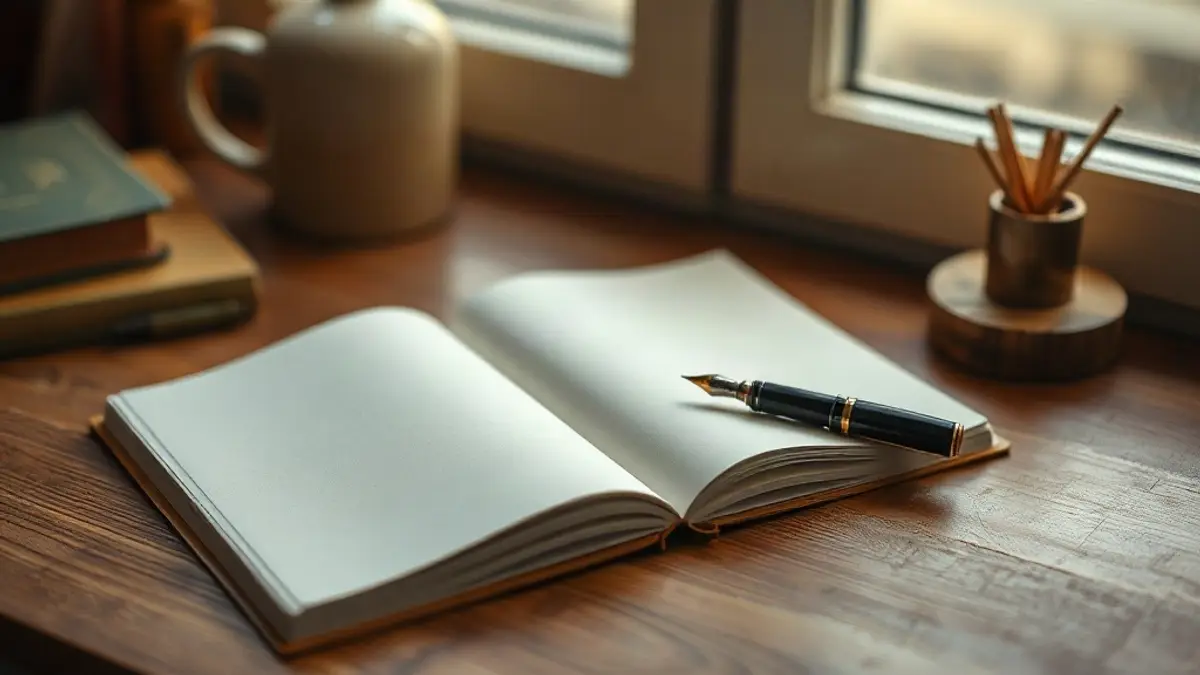 open blank notebook and a fountain pen on a wooden desk — illustration for Journal Prompts for Boundaries