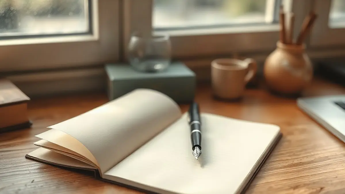 open blank notebook and a fountain pen on a wooden desk — illustration for Journal Prompts for Rest