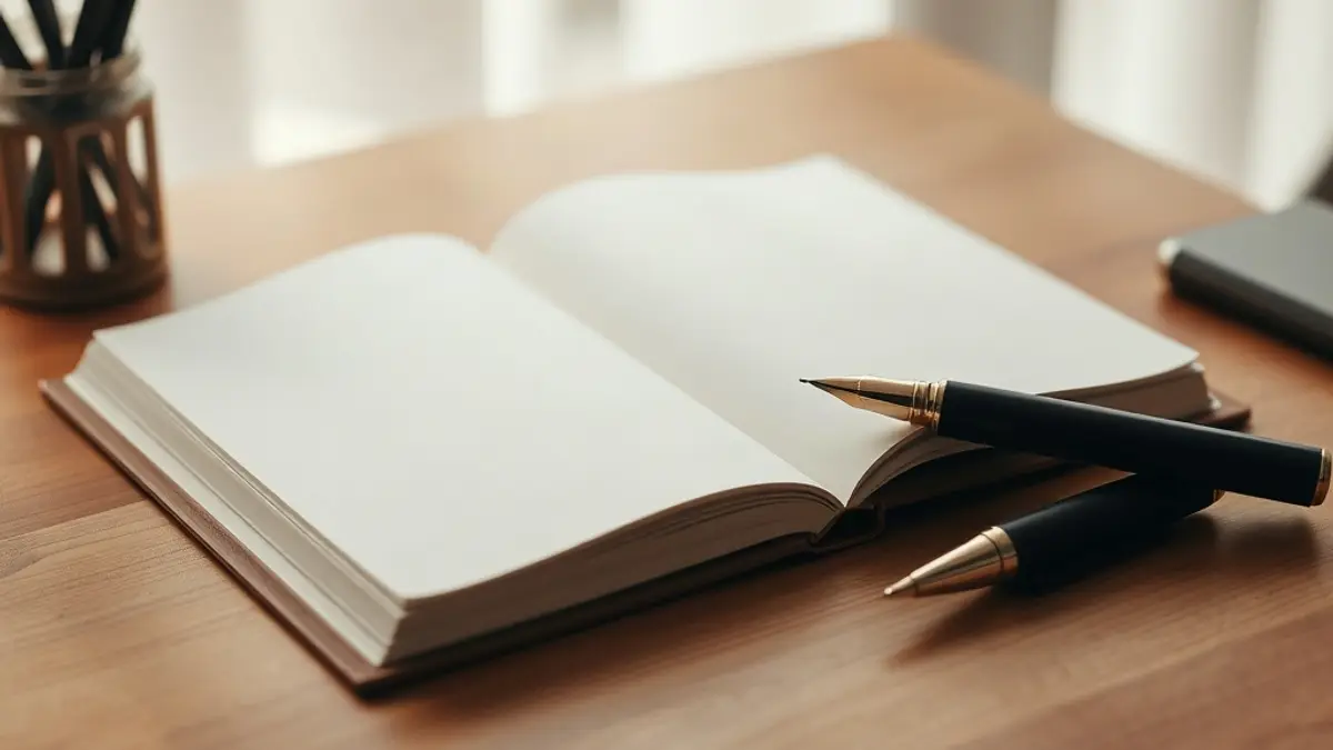 open blank notebook and a fountain pen on a wooden desk — illustration for Journal Prompts for Self-Trust