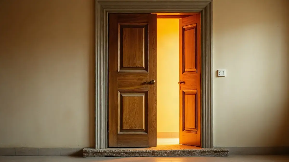 half-open wooden door with warm light behind it and a stone threshold — illustration for How to Stop People Pleasing at Work