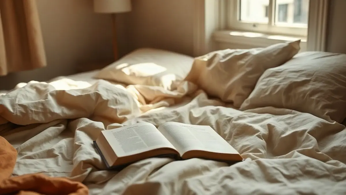 unmade bed in soft daylight with a book face down on the covers — illustration for Permission to Rest