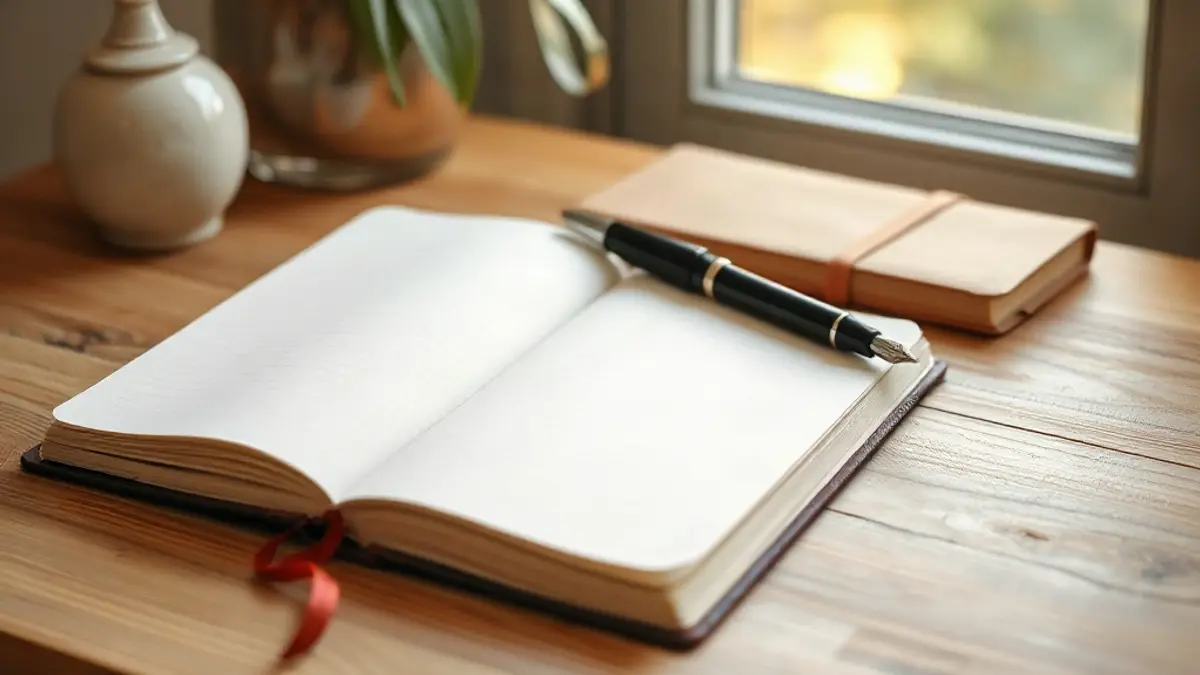 open blank notebook and a fountain pen on a wooden desk — illustration for Reparenting Journal Prompts