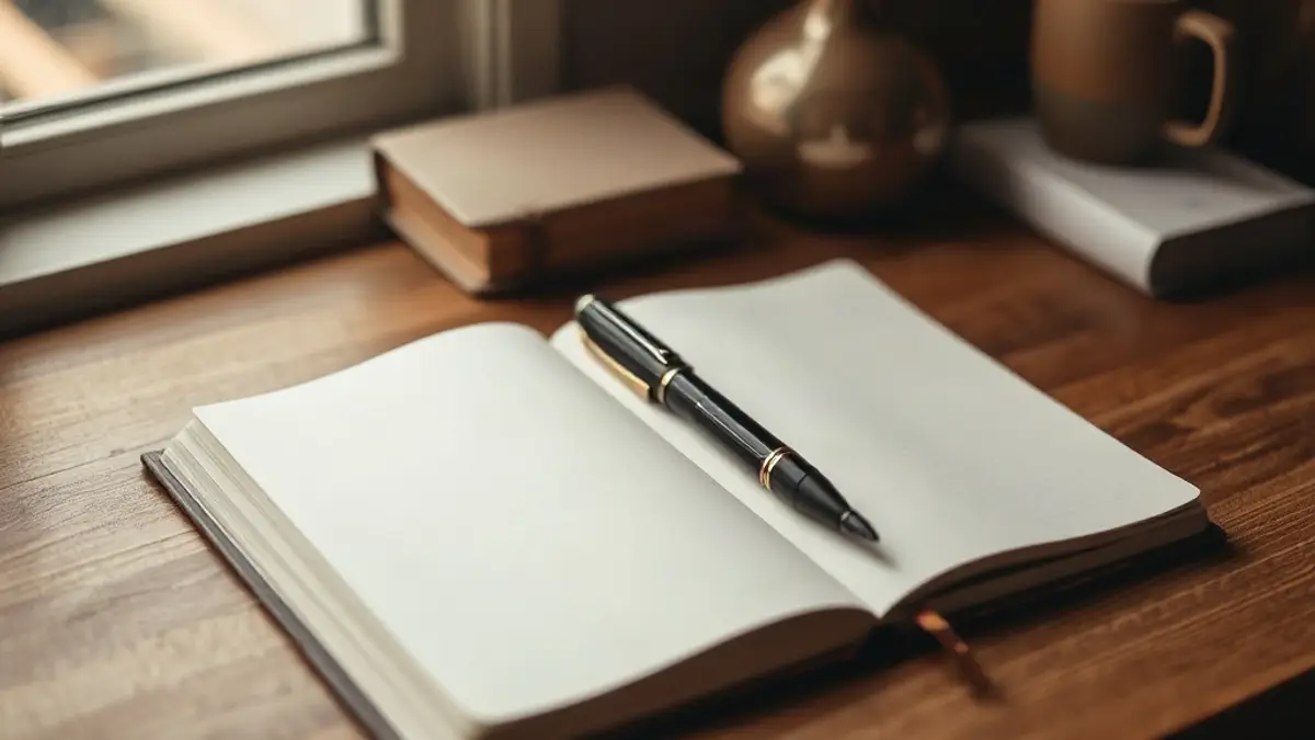 open blank notebook and a fountain pen on a wooden desk — illustration for Trigger Journal