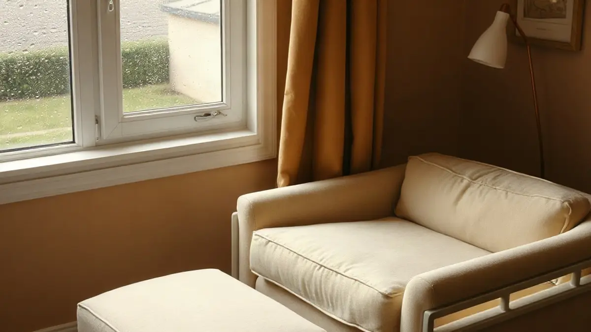 soft armchair beside a window with rain on the glass — illustration for When to See a Therapist for Inner Child Work