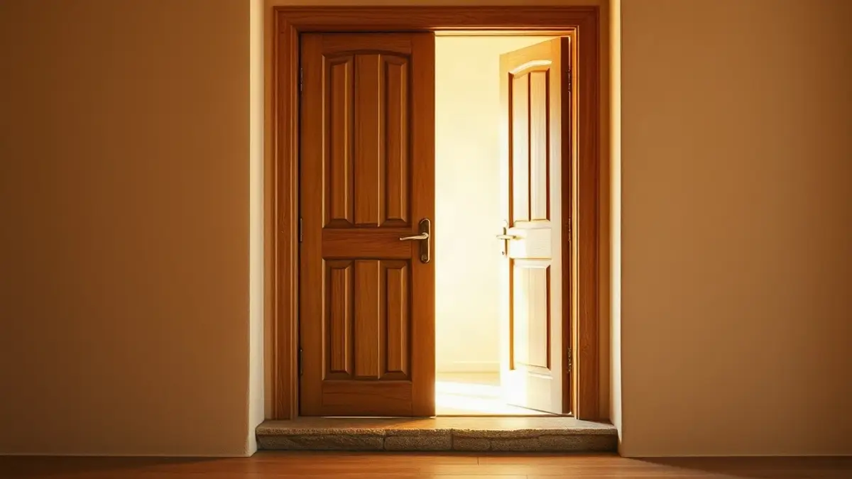 half-open wooden door with warm light behind it and a stone threshold — illustration for Why Can't I Say No