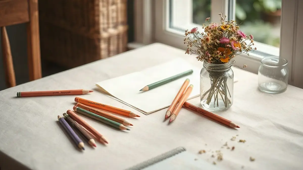 garden table with scattered coloured pencils — illustration for Why Do I Feel Guilty Having Fun
