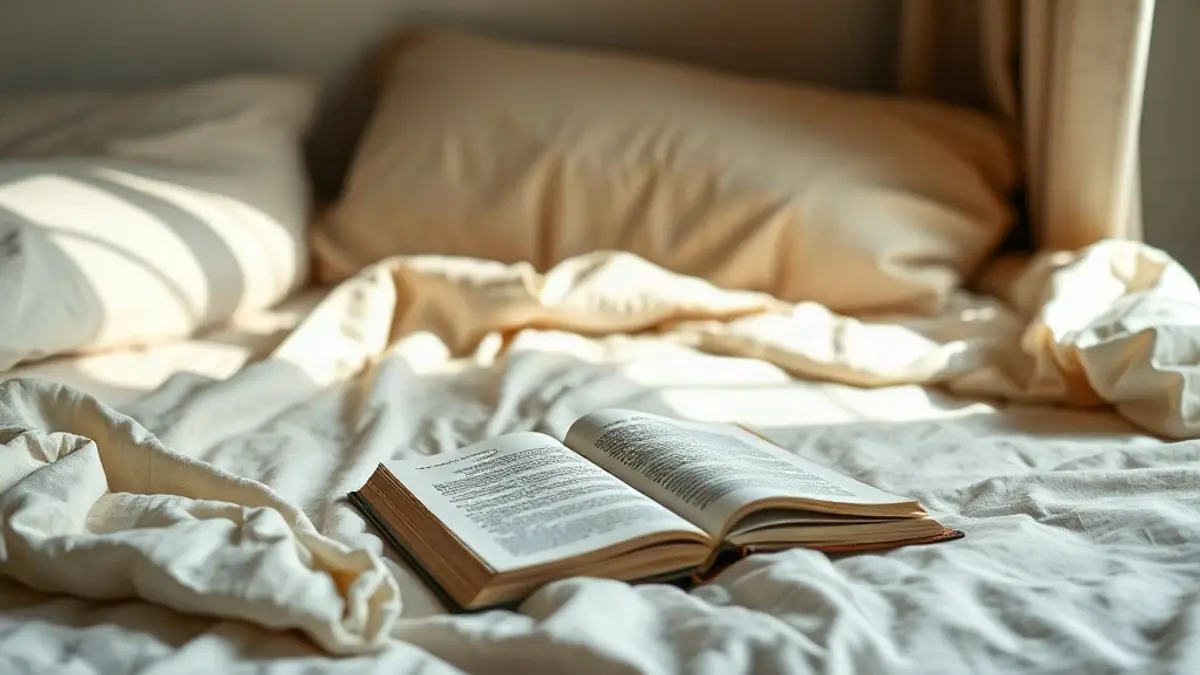 unmade bed in soft daylight with a book face down on the covers — illustration for Why Do I Feel Guilty Resting