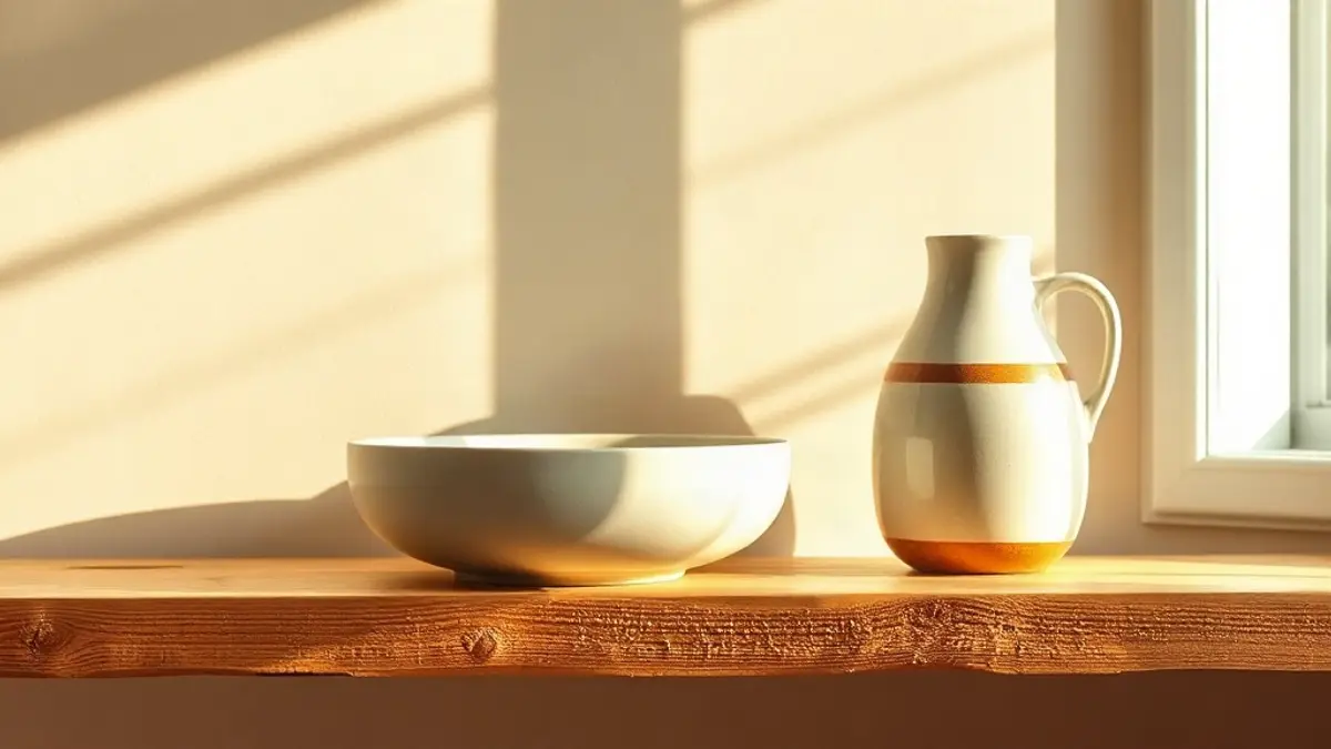 empty ceramic bowl and a jug on a rough wooden shelf — illustration for Why Do I Dismiss My Own Needs