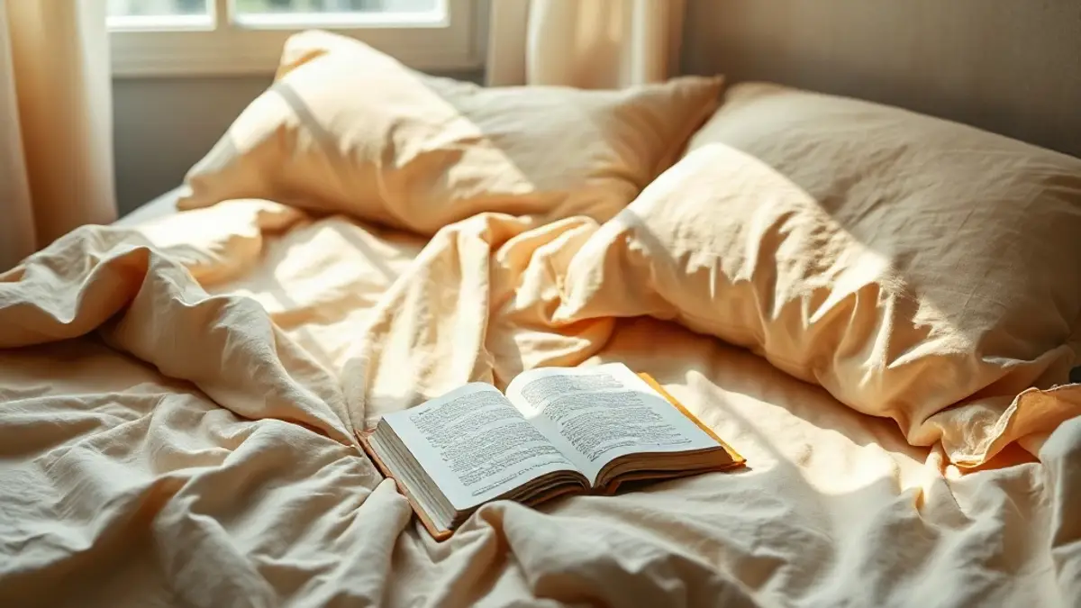 unmade bed in soft daylight with a book face down on the covers — illustration for Why Is My Worth Tied to Productivity